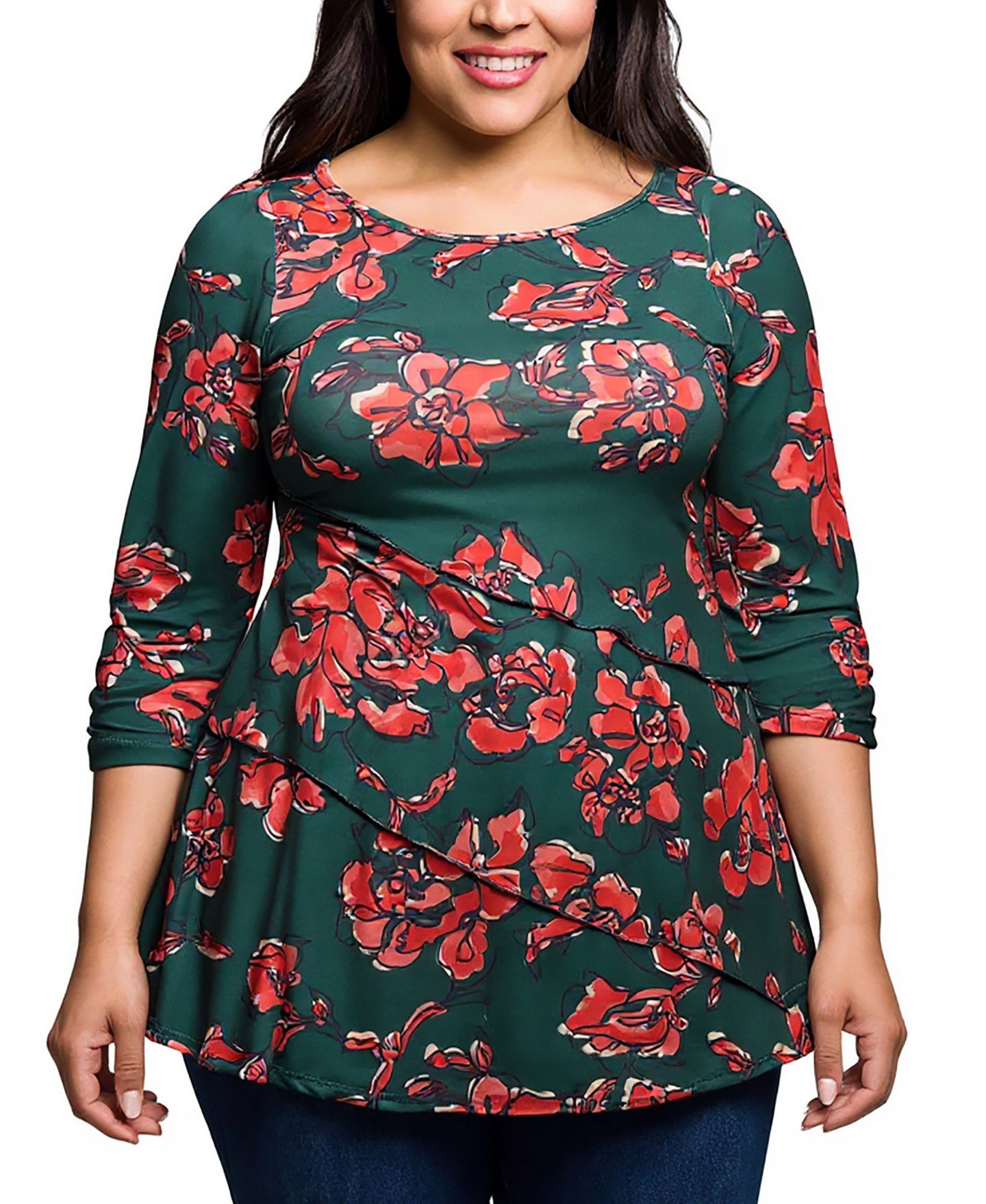 Женский топ 24seven Comfort Apparel Plus Size Green Floral Print Three Quarter Sleeve Tunic Top, цвет: Оранжевый разноцветный — фото 1