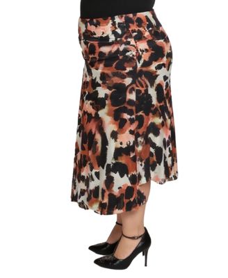 Plus Size Animal Print Elastic Waist Midi Skirts