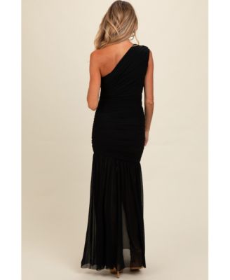Maternity Ruched Mesh One Shoulder Maxi Dress