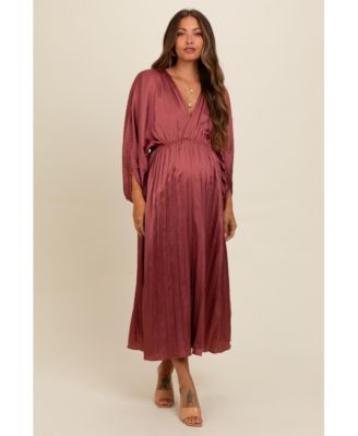 Maternity Forest Green Satin Pleated V-Neck Maxi Dress