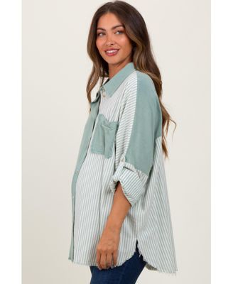 Maternity Blue Colorblock Stripe Oversized Button Down
