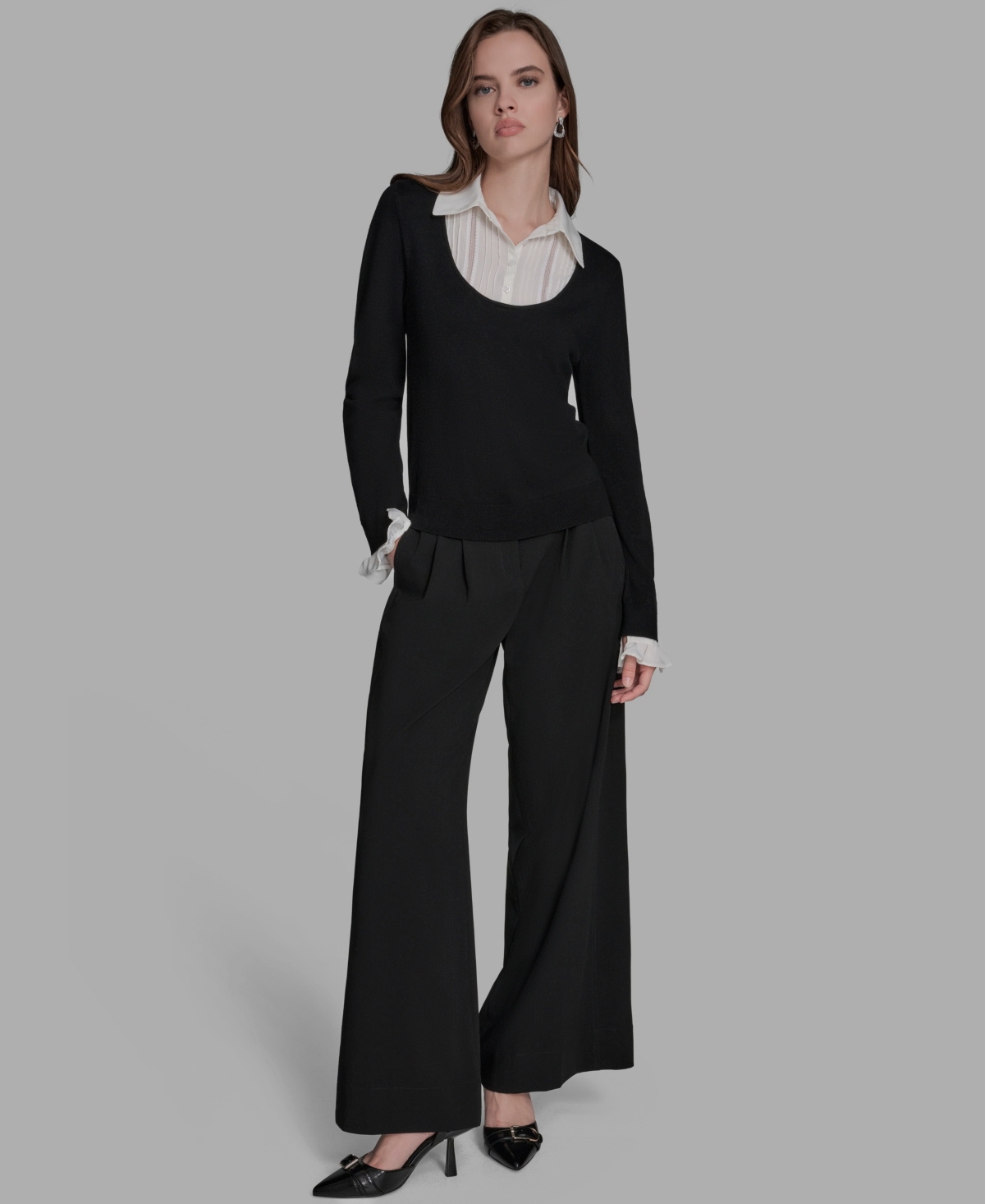 Bcbg Women's Long Sleeve With Embroidered Bib Sweater In Black