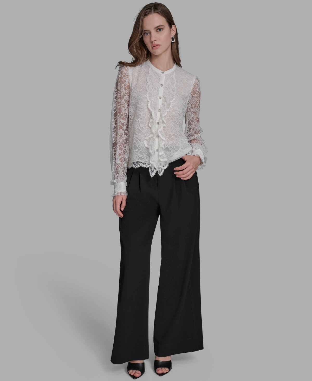 Bcbg Women's Long Sleeve Lace With Rhinestone Top In White
