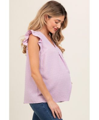 Maternity Lavender Swiss Dot Flutter Sleeve V-Neck Top