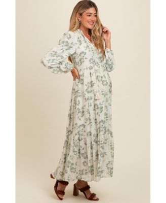 Maternity Olive Floral Button Front Tiered Long Sleeve Maxi Dress