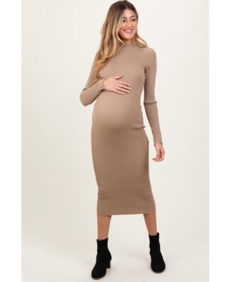 Maternity Light Taupe Mock Neck Fitted Ribbed Knit Midi Dress