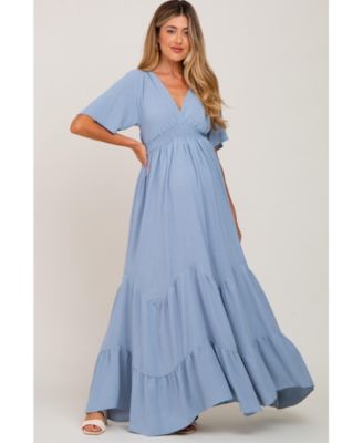 Maternity Light Blue Deep V-Neck Maxi Dress