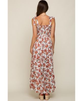 Maternity Light Blue Floral Smocked Shoulder Tie Tiered Maxi Dress