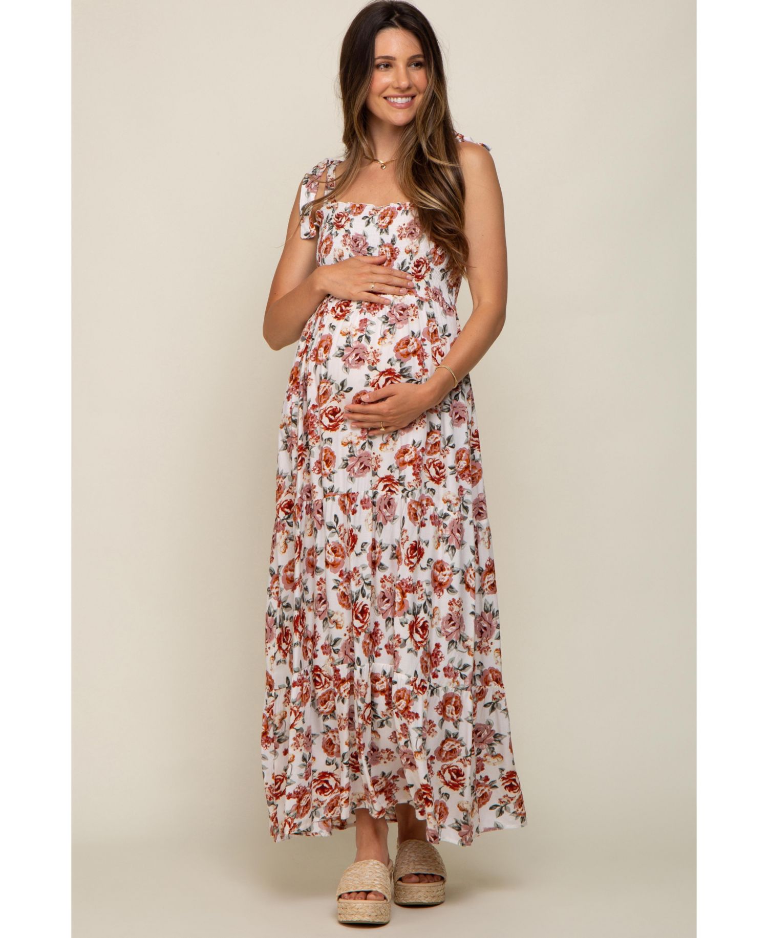 Women's Cream Floral Smocked Shoulder Tie Tiered Maxi Dress