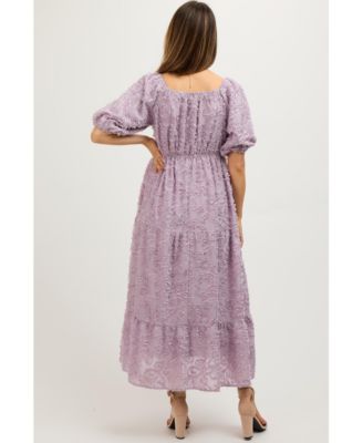 Maternity Lavender Fringe Textured Short Puff Sleeve Midi Dress