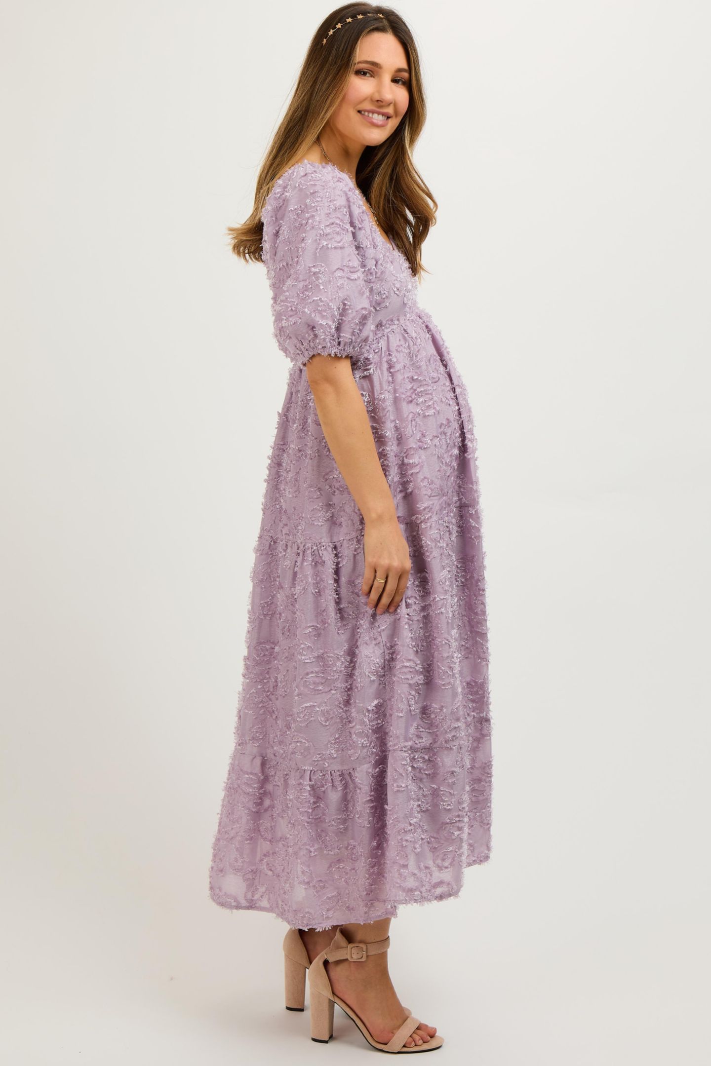 Женское платье Pinkblush Lavender Fringe Textured Short Puff Sleeve Midi, цвет: Лавандовый — фото 5