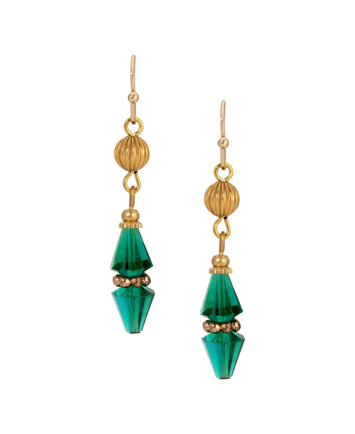 2028 Gold Tone Bead Drop Wire Earrings In Green
