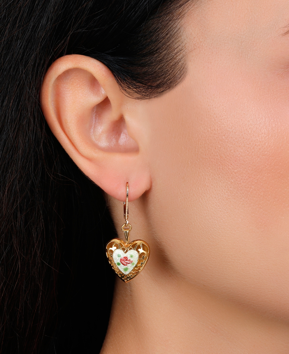 2028 Heart Floral Enamel Leverback Earrings In White