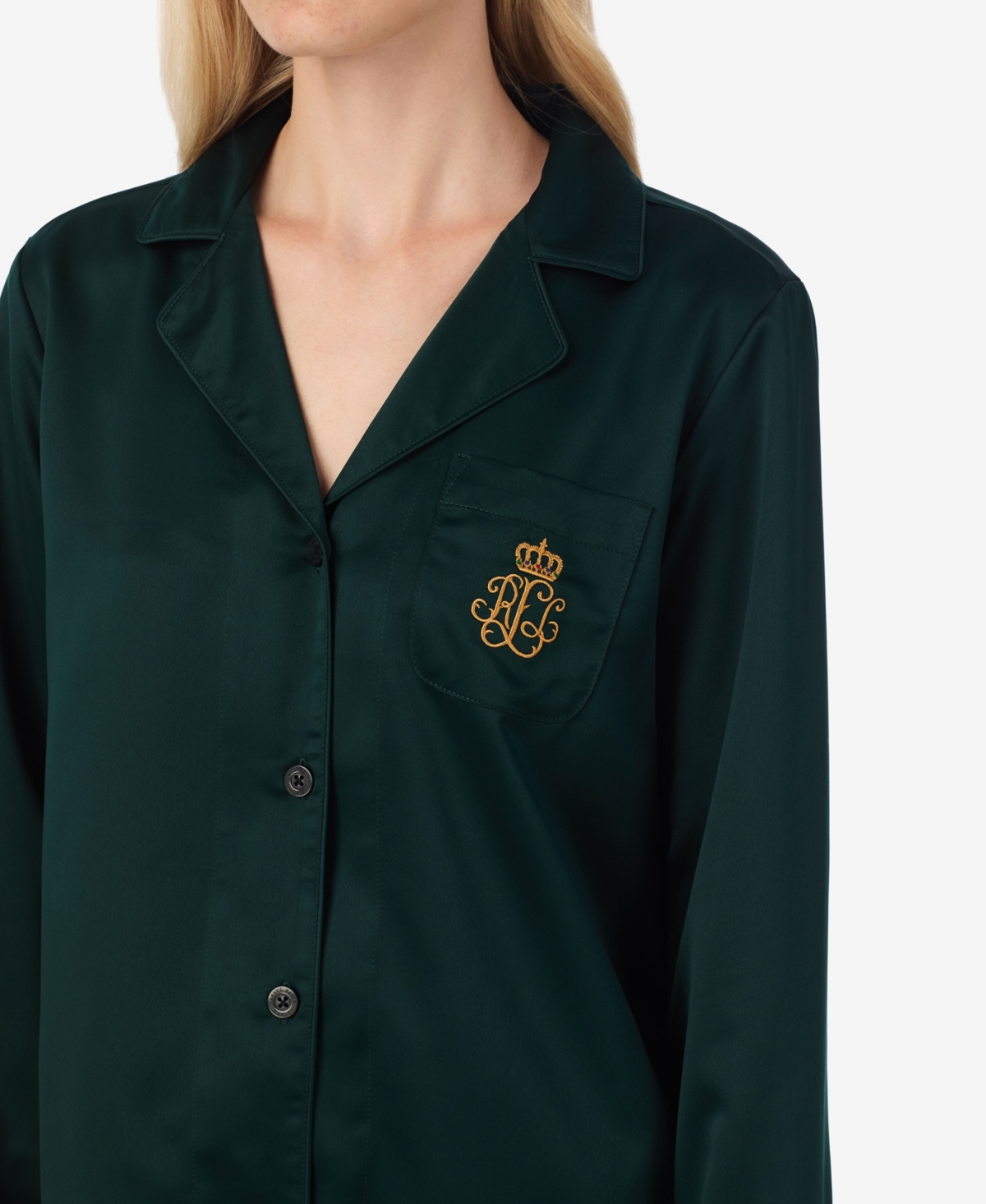 Ralph Lauren Women's Long Sleeves Notch Collar Pajama Set In Green