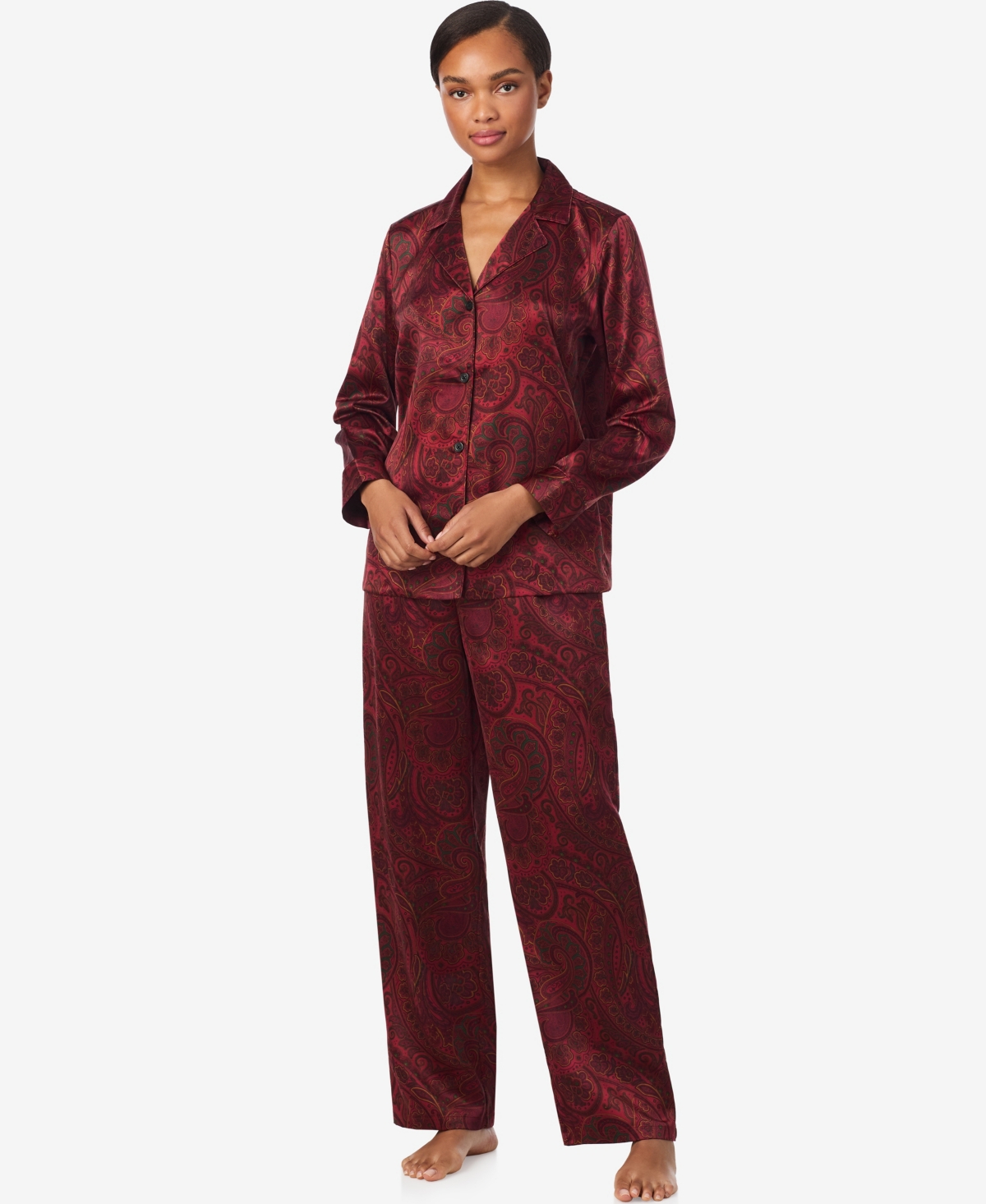 Ralph Lauren Women's Long Sleeve Notch Collar Pajama Set In Red
