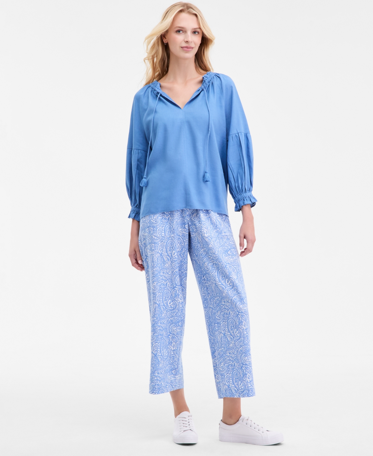 Nautica Jeans Women's Split-neck Ruffled-trim Blouse In Blue