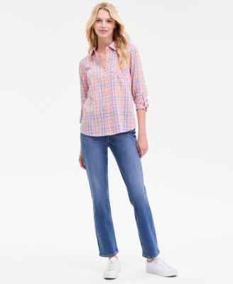 Women's Cotton Crinkle Plaid Roll-Tab Shirt