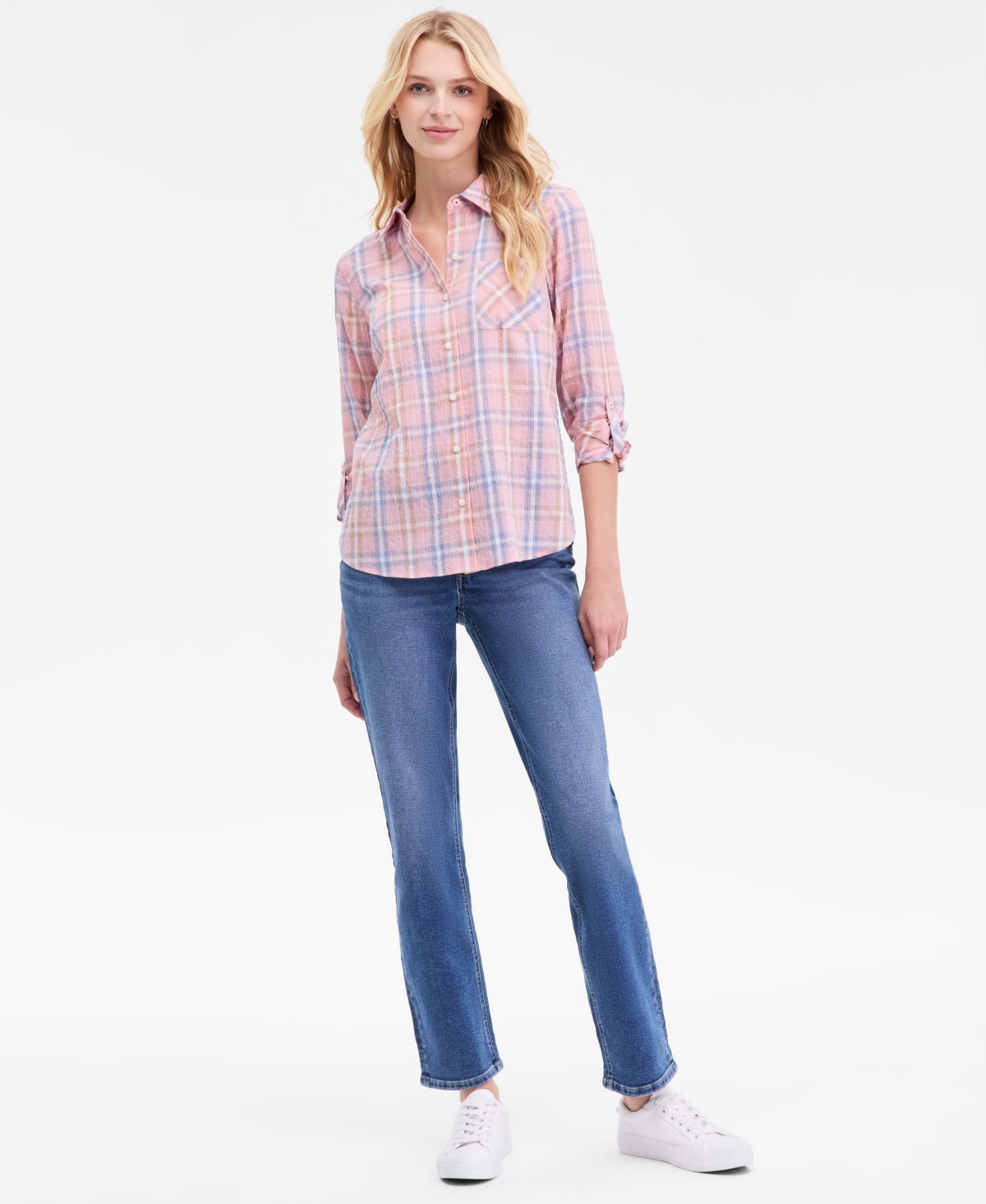 Nautica Jeans Women's Cotton Crinkle Plaid Roll-tab Shirt In Multi