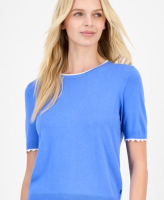 Nautica Women's Scallop-Trim Short Sleeve Crewneck Sweater
