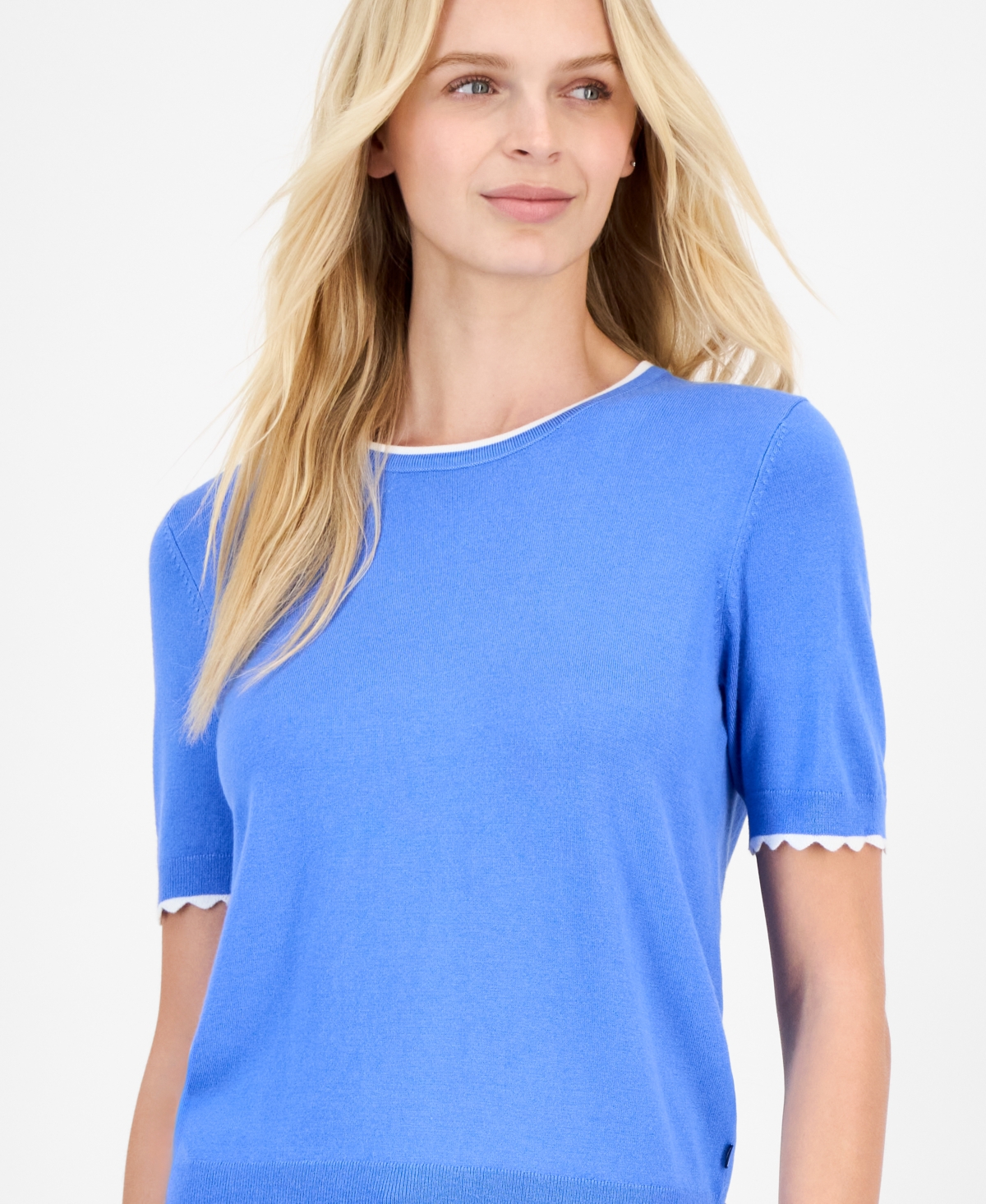 Nautica Jeans Women's Scallop-trim Short Sleeve Crewneck Sweater In Blue