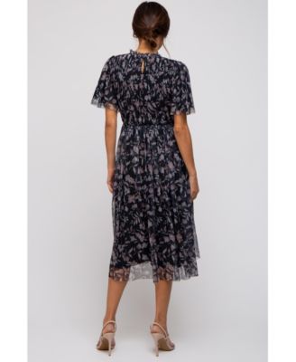 Maternity Black Floral Smocked Mesh Knit Midi Dress