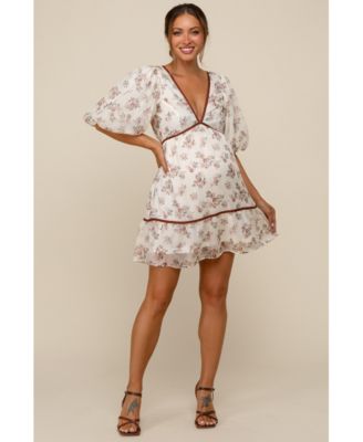 Maternity Cream Floral Deep V-Neck Back Cutout Dress