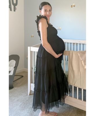 Maternity Smocked Mesh Ruffle Accent Midi Dress