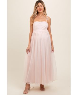 Maternity Light Pink Square Neck Shoulder Tie Tulle Maxi Dress