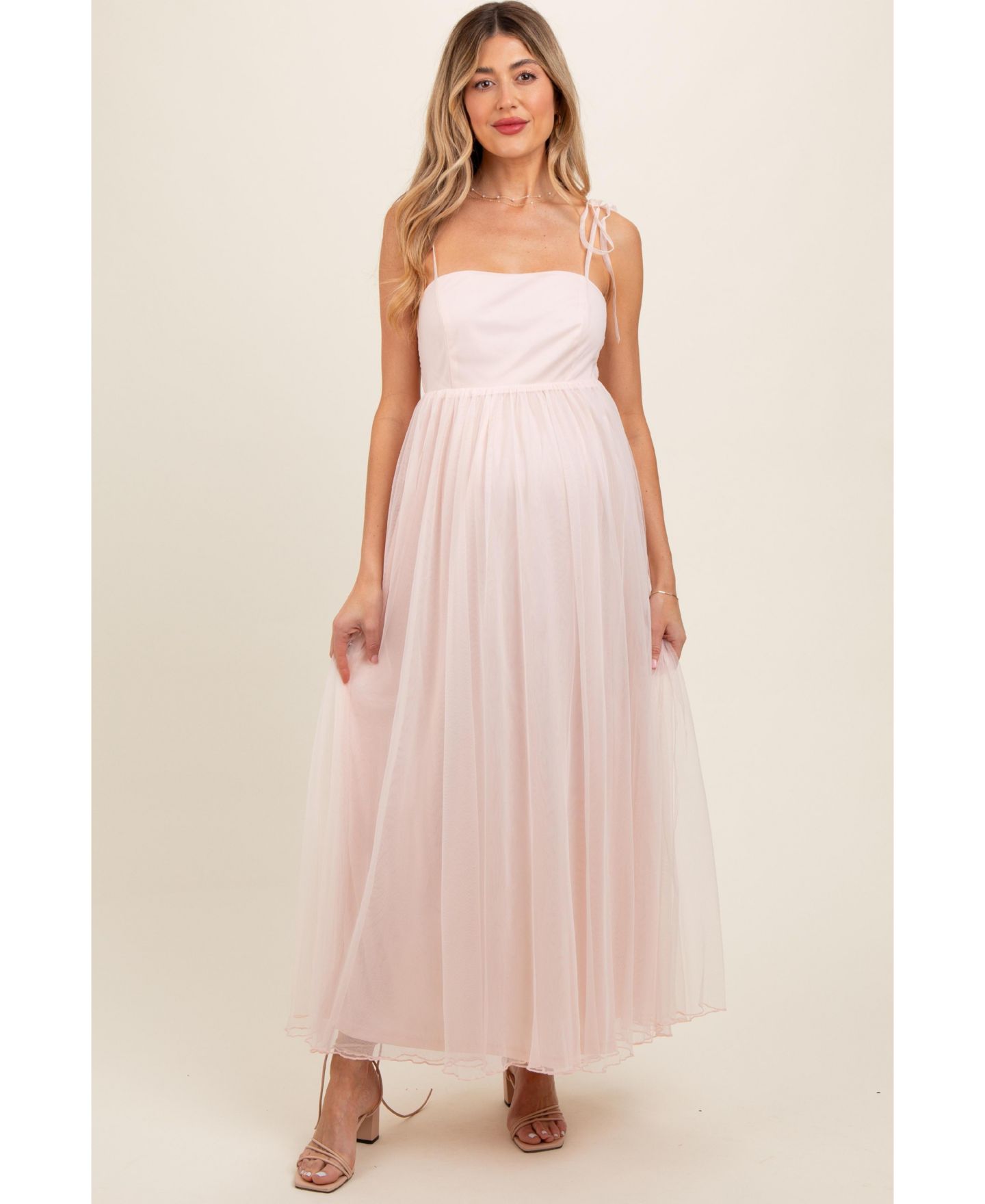 Женское платье Pinkblush Light Pink Square Neck Shoulder Tie Tulle Maxi, цвет: Светлый розовый — фото 2