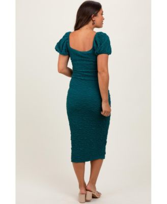 Forest Green Textured Square Neck Puff Sleeve Maternity Midi Dress