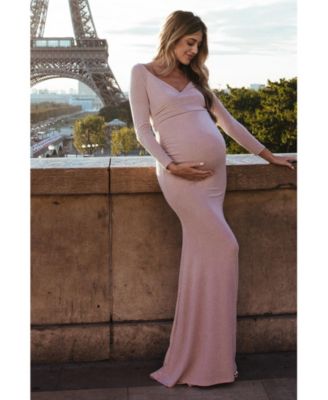 Maternity Pink Metallic Off Shoulder Long Sleeve Wrap Photoshoot Gown/Dress