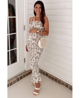 Maternity Cream Floral Smocked Fitted Midi Dress