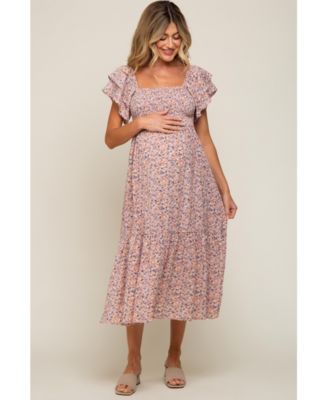 Maternity Light Pink Floral Flutter Midi Dress