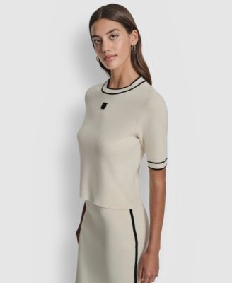 Women's Cropped Color Block Elbow Sleeve Sweater