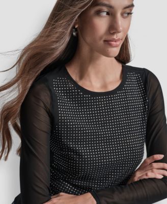 Women's Dome Studs Mesh Long Sleeve Slim Fit Top