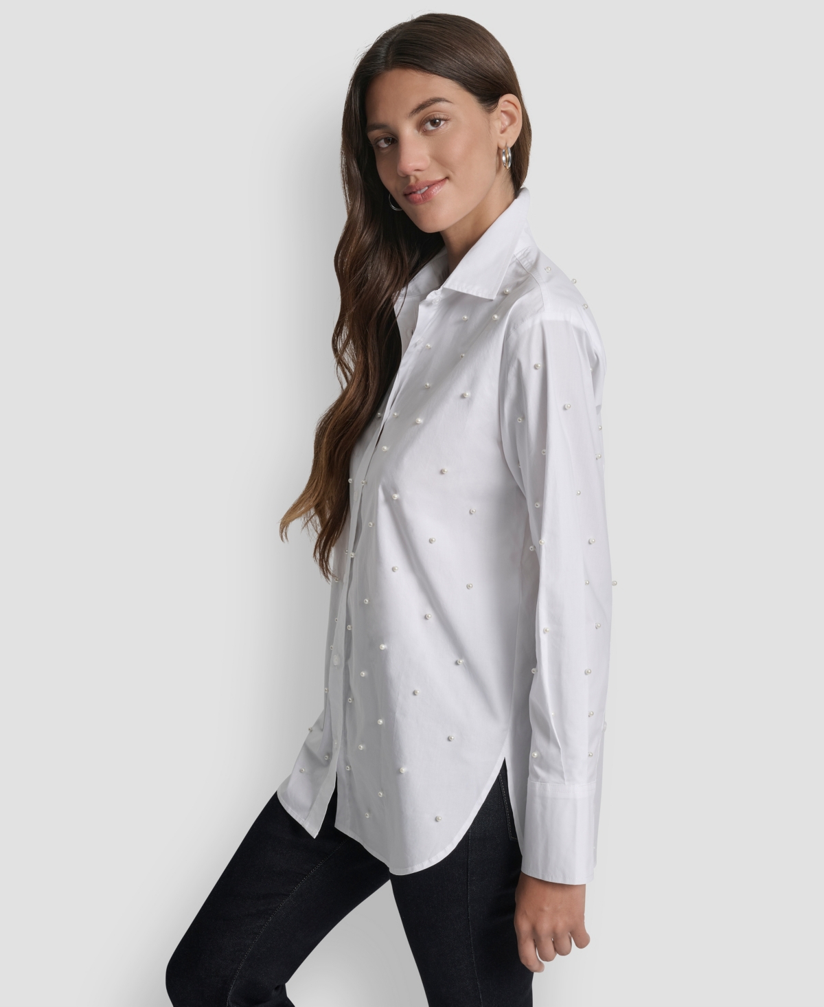 Dkny Jeans Women's Imitation Embellished Long Sleeves Shirt In White