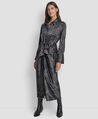 Women's Print Long Sleeve Satin Tie Dress