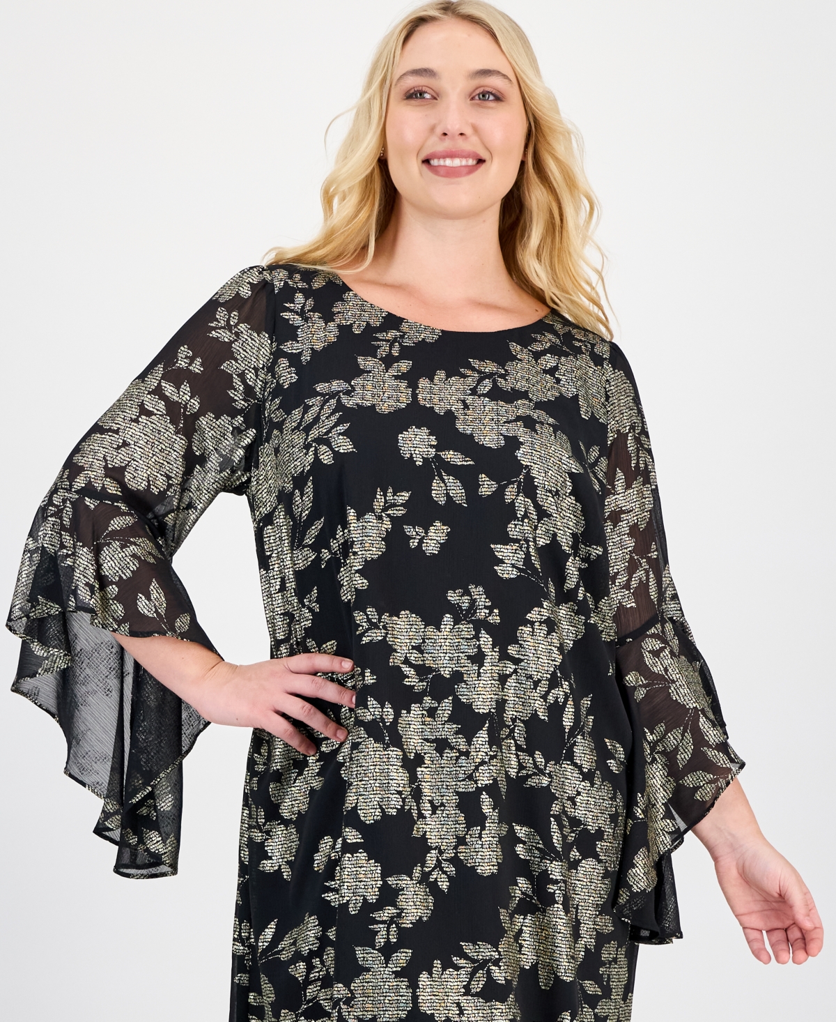 Connected Plus Ruffled-Cuff 3/4-Sleeve Dress
