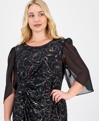 Plus Size Sheer-Sleeve Printed Side-Tab Dress