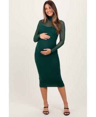 Maternity Forest Green Mesh Overlay Fitted Midi Dress
