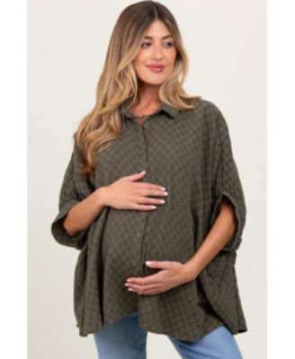 Maternity Olive Checker Print Short Sleeve Oversized Blouse