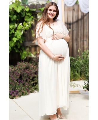 MaternityCream Floral Applique Flutter Sleeved Maternity Midi Dress