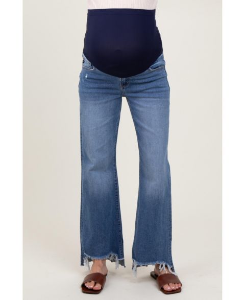 Женские джинсы Pinkblush Blue Distressed Fringe Hi-Lo Hem Cropped Flare, цвет: Синий