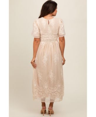 Cream Embroidered Smocked Maternity Midi Dress