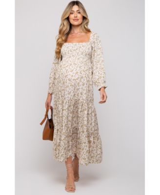 Maternity Cream Floral Smocked Long Sleeve Maxi Dress