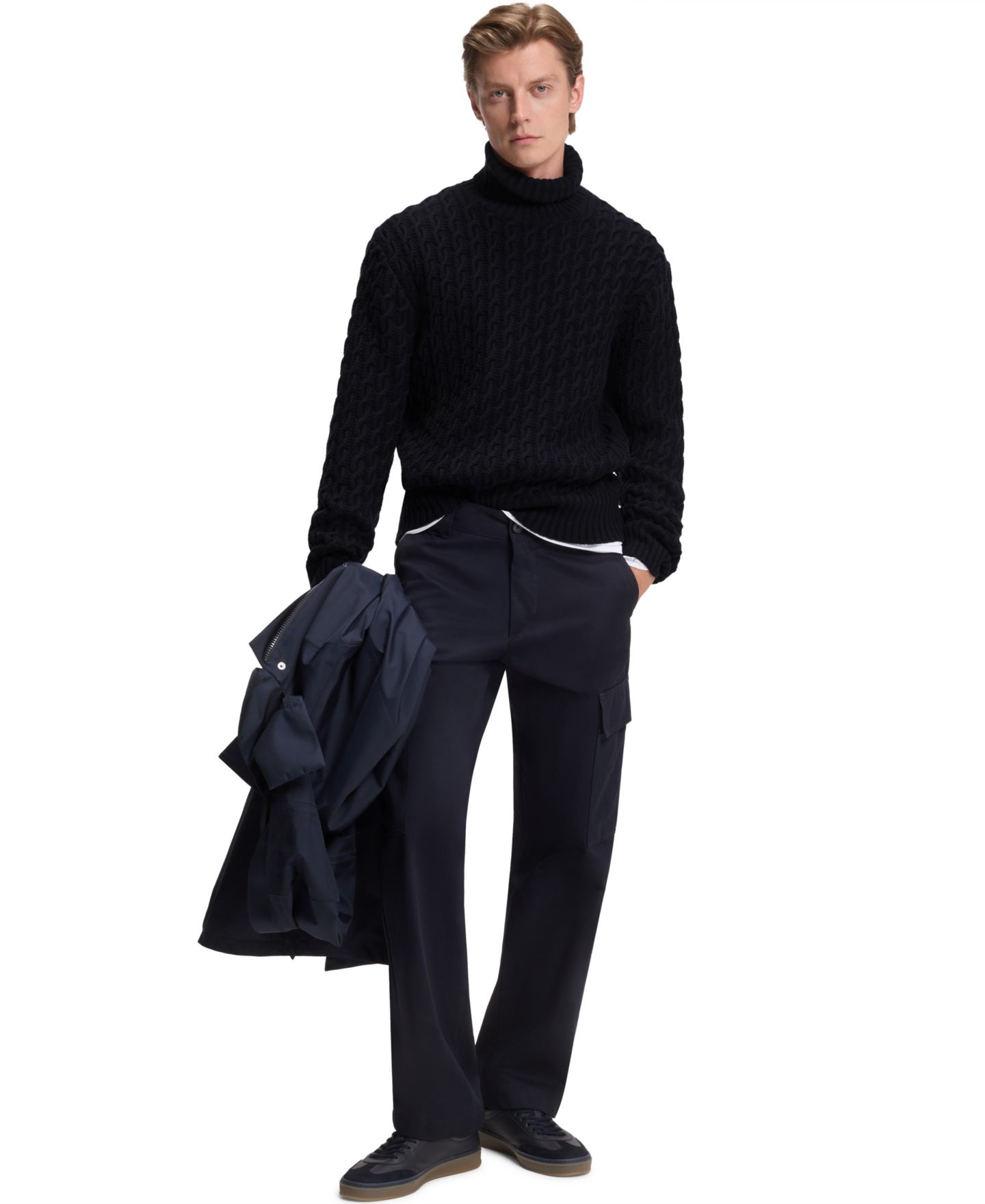 Мужской свитер Hugo Boss Beckham x BOSS Wool Cashmere Cable-Knit, цвет: Тёмный синий — фото 4