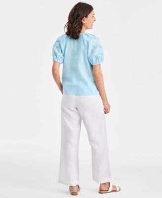 Women's 100% Linen V-Neck Appliqu&eacute;-Sleeve Top, Macy's Exclusive