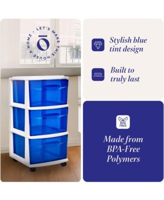 Plastic 3 Drawer Medium Storage Container Tower, Blue Drawers/White Frame