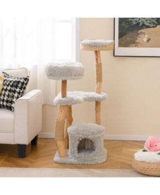 49'' Tall Wooden Cat Tree Solid Wood Cat Tower w/ Jute Scratching Posts