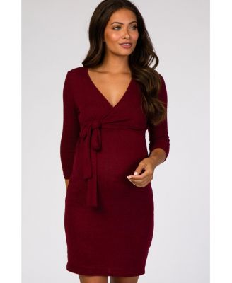 Maternity Burgundy Brushed Knit Wrap Fitted Maternity/Nursing Dress